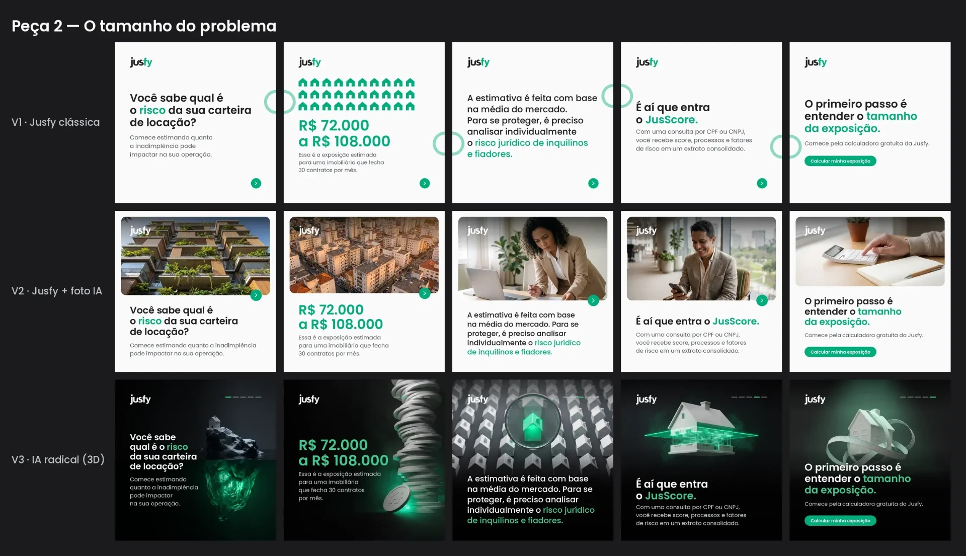 Three AI-assisted directions for the same Jusfy campaign: classic brand design, photography, and 3D visuals